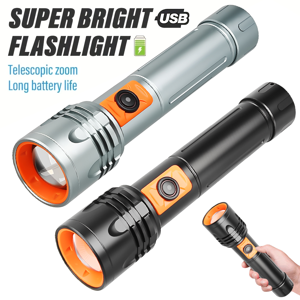 Tactical Flashlight Rechargeable - Hochleistungs-LED-Taschenlampe, wiederaufladbare USB-Taschenlampe mit Teleskop-Zoom, superhelle