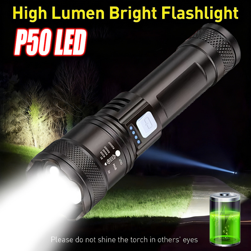 Tactical Flashlight Rechargeable - Hochleistungs-LED-Taschenlampe, wiederaufladbare USB-zoombare taktische Taschenlampe, 10.000